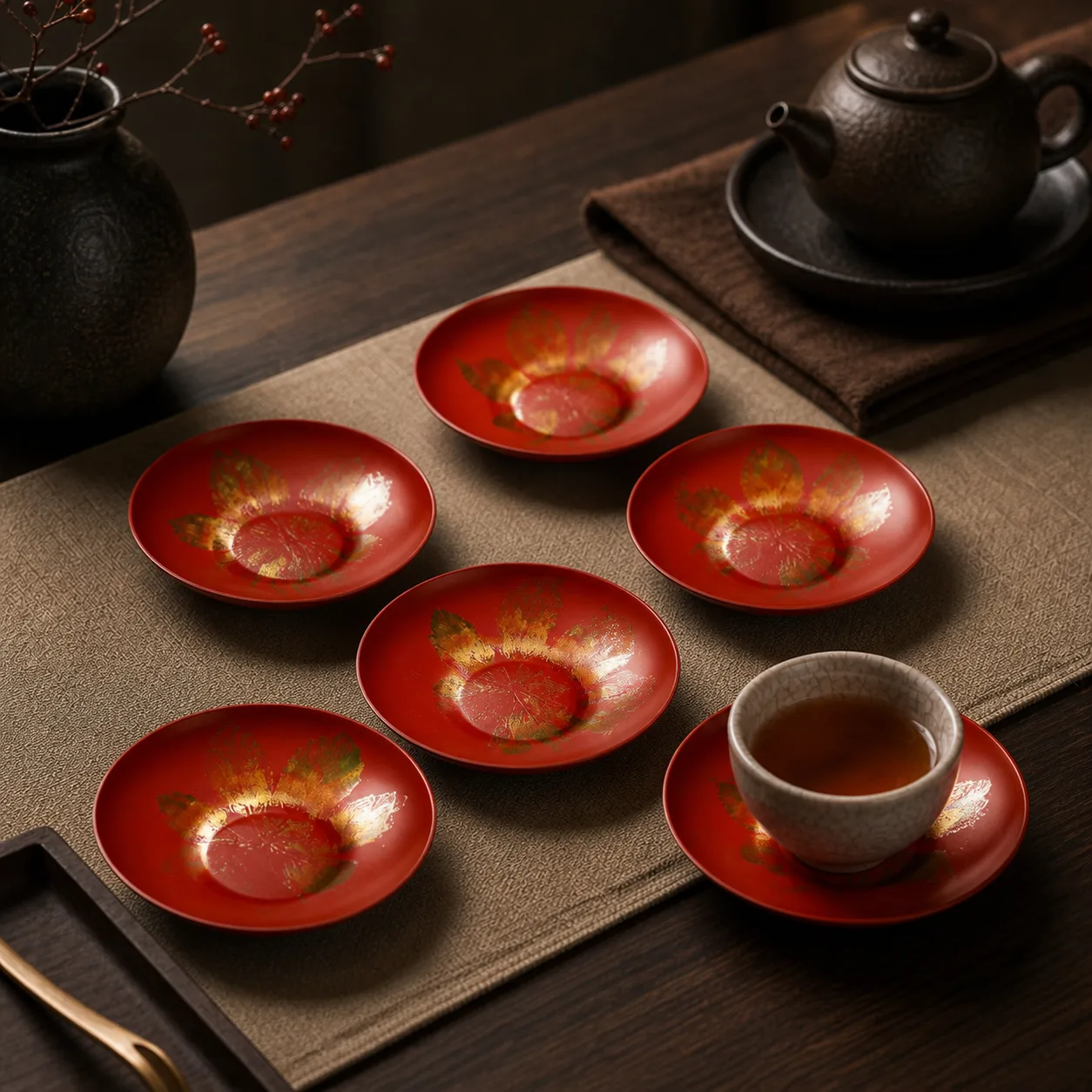 Gold Accent Leaf Lacquer Tea Cup Coaster Set