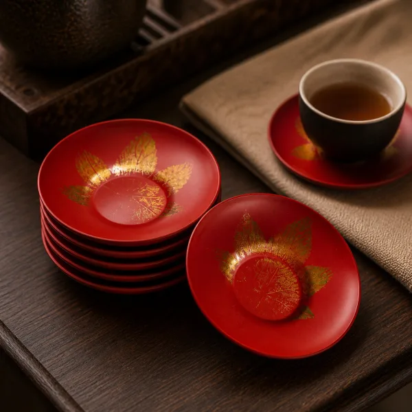 Gold Accent Leaf Lacquer Tea Cup Coaster Set