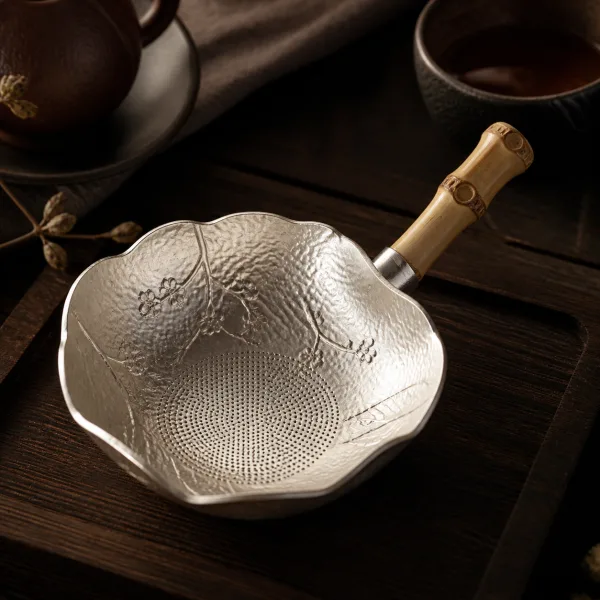 Silver Accent Plum Blossom Bamboo Chinese Tea Strainer