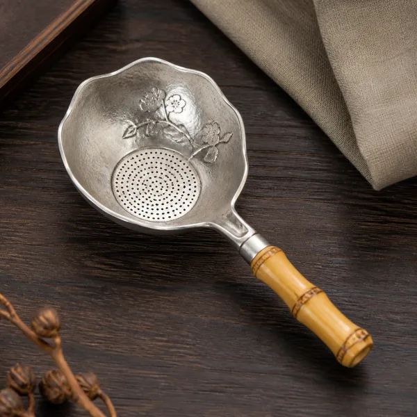 Silver Accent Plum Blossom Bamboo Chinese Tea Strainer