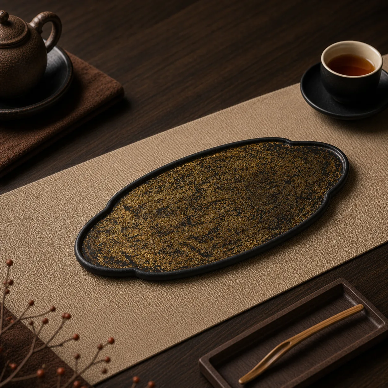 Black Gold Accent Lacquer Gongfu Dry Tea Tray