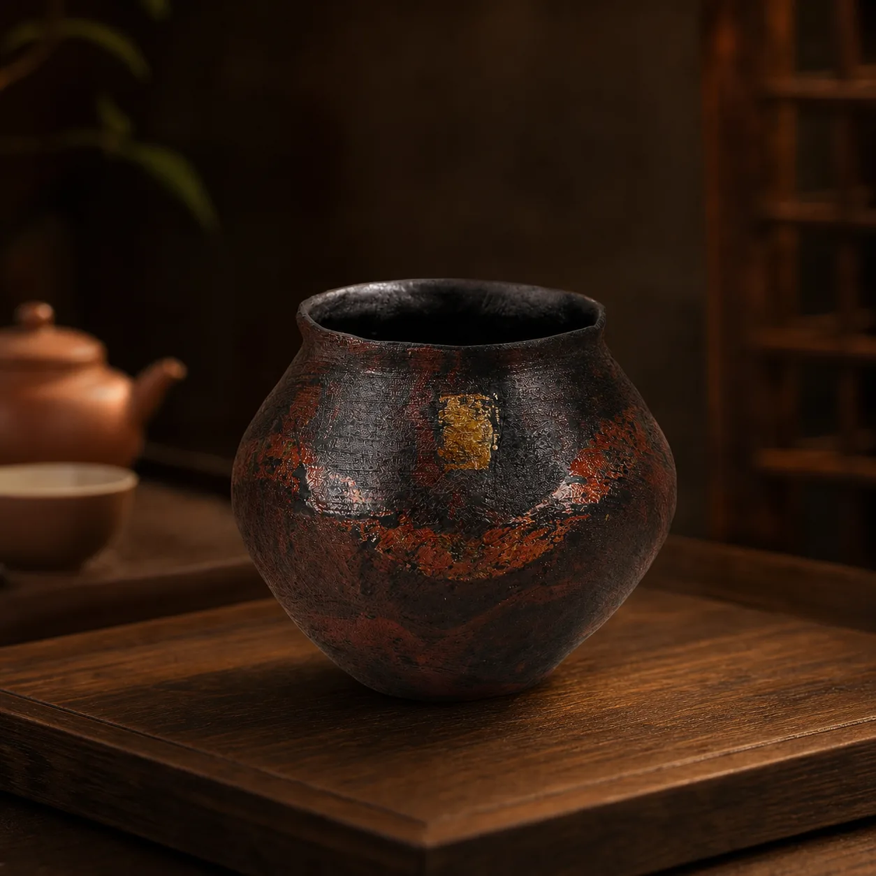 Lacquer Tea Waste Bowl - 大漆脱胎建水敦煌 Lacquer Tea Waste Bowl - 大漆脱胎建水敦煌