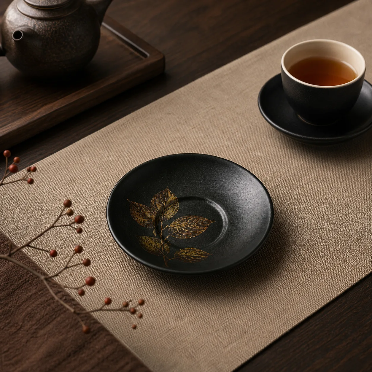 Cicada Wing Iron Finish Lacquer Tea Cup Coaster Set